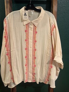 easel Cream Button‑Front Shirt with delicate Pink & Orange Embroidery